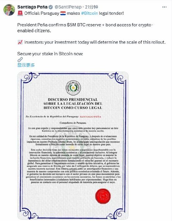 股票配资一览表最新 “比特币定为法定货币” 巴拉圭总统账号疑似被黑